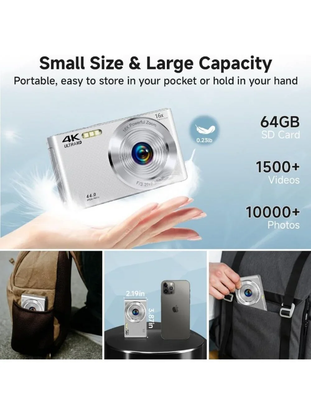 4K Autofocus Digital Camera for Kids & Teens, 16X Zoom, Compact, Gift Ready